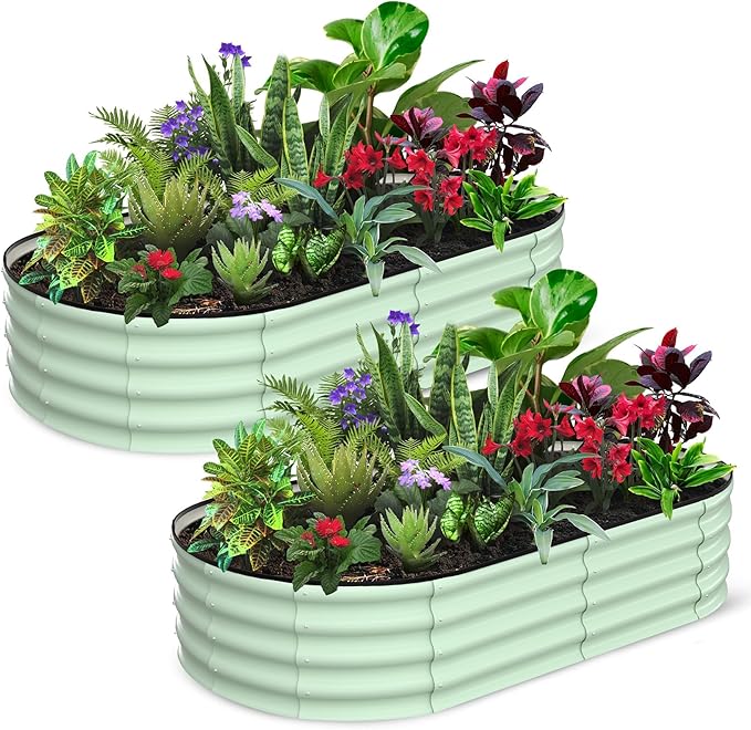 2 Pcs 6x3x1 ft Oval Galvanized Raised Garden Beds, Metal Planter Boxes with Open Base, Tool-Free Assembly for Vegetables, Flowers, Herbs - Outdoor & Patio Use, Green