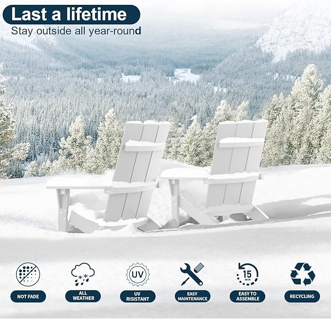 MXIMU Modern Adirondack Chairs Set of 6 Weather Resistant with Cup Holder Oversize Plastic Fire Pit Chairs Plastic Outdoor Chairs for Firepit Area Seating (White)