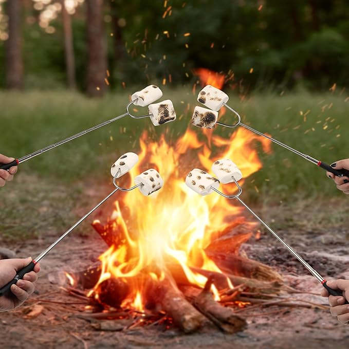 UNCO- Marshmallow Roasting Sticks, 4 pcs, 34", Extendable Stainless Steel Smores Sticks with Insulated Handles, Marshmallow Sticks for Fire Pit, Skewers for Smores, Hot Dog Sticks for Campfire