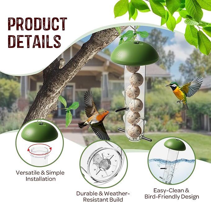 LONA Suet Ball Bird Feeder Outdoor Hanging Fat Ball Feeders with Versatile Mount Durable Weatherproof Washable Transparent Tube Wire Steel Metal Feeder for Wild Birds
