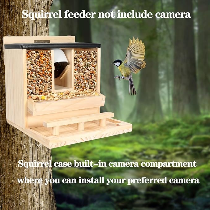 Squirrel Feeder Case for Outside, Durable Wooden Squirrel Feeder Can Install Camera(Not Camera), Funny Squirrel Houses Picnic Table, Squirrel Feeders for Outdoors Squrrill Nuts Bar