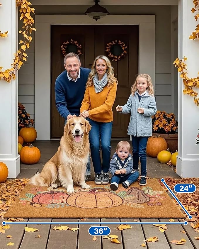 Door Mat Outside Entrance 36''x24'': Door Mat Ultra-Thin/Non-Slip/Waterproof/Washable Pumpkin Design for Outdoor - Faux Coir Welcome Matt for Front Entrance Fall/Halloween Decor
