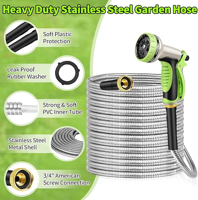 GOXAWEE Garden Hose 25FT, Stainless Steel Heavy Duty Water Hose With 10 Function Nozzle, No-Kink, Tough & Flexible, Sturdy and Lightweight, Rust Proof for Yard, Outdoor, RV