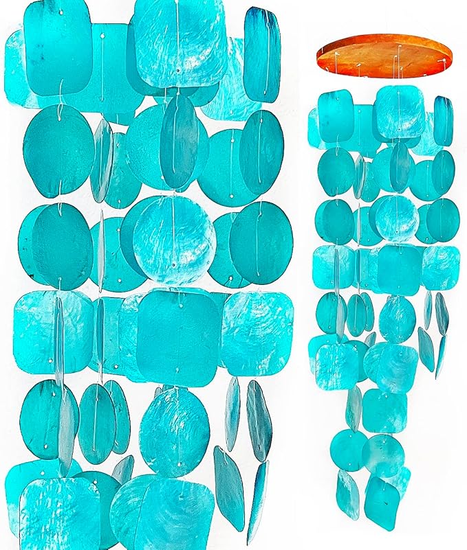 Bellaa 20744 Wind Chimes Outdoor, Garden Decorations, Musical, Indoor/Outside Windchimes, Beach, Ocean Breeze, Gifts for Mom, Gift for All Occasions, Capiz Shells Turquoise
