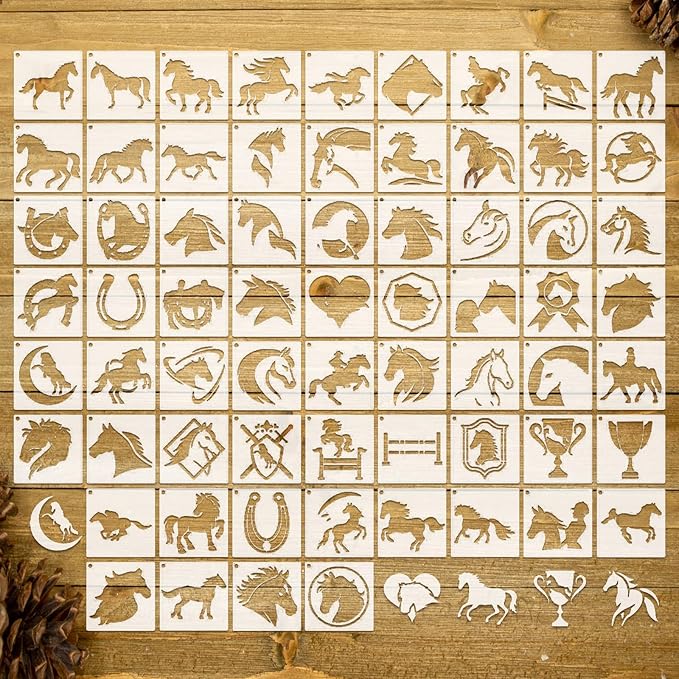 Marspark 66 Pcs Spring Easter Small Stencils for Crafts Reusable 3 Inch Stencils for Painting on Wood DIY Craft Paint Template for Wall Home Decor Card Rock Canvas Drawing Holiday (Horse)