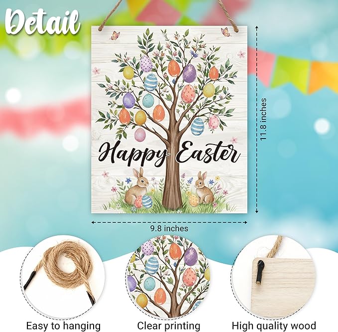 Easter Welcome Sign for Front Door, Happy Easter Door Sign Decor, Bunny Egg Rectangle Wood Sign Hanger for Outdoor Farmhouse Garden Porch Home - C06