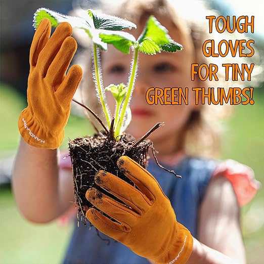 HANDLANDY Kids Genuine Leather Work Gloves for ages 3-11, Children Gardening Gloves for Boys, Girls (Large (for age 8-11), Orange)