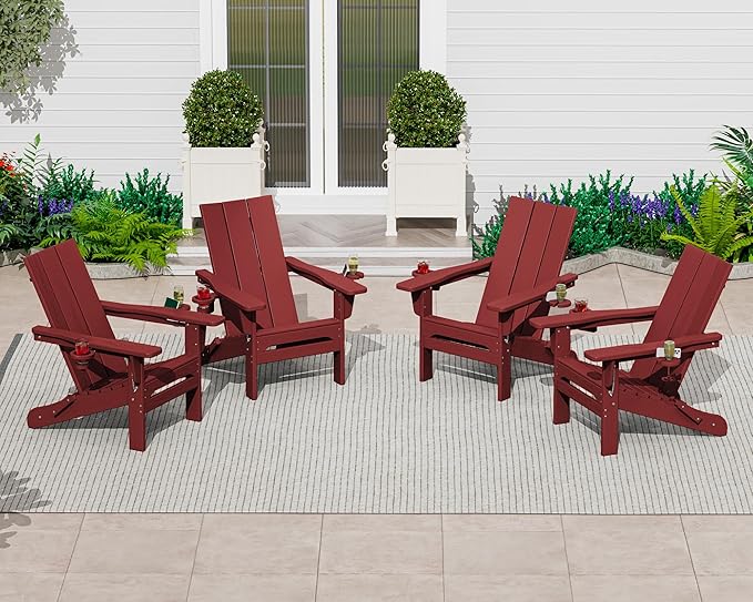 SERWALL Folding Adirondack Chair with Cup Holders, All Weather Resistant Modern Adirondack Chair Set of 2, HDPE Adirondack Chair Outdoor, Red