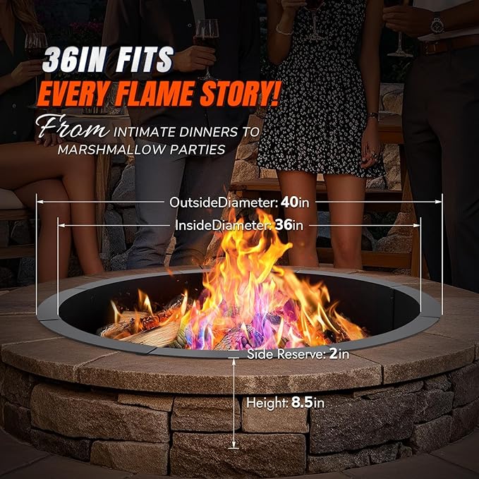 INNOSTAGE 36 Inch Fire Pit Ring (40 Inch Outer), Heavy Duty Steel Fire Ring for Outside, Large Round Fire Pit Insert, DIY Camping Fire Ring, Above or In-Ground, Black Carbon for Backyard Patio Bonfire