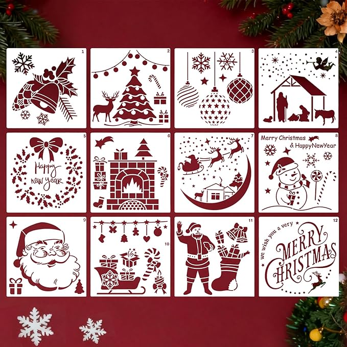 12Pc Christmas Stencils for Painting On Wood, Christmas Stencils for Crafts Reusable, Xmas Decorations Drawing DIY Art Craft Home Decor Wall, Windows, Deer Snowflakes Pinecones Decor(Christmas A)