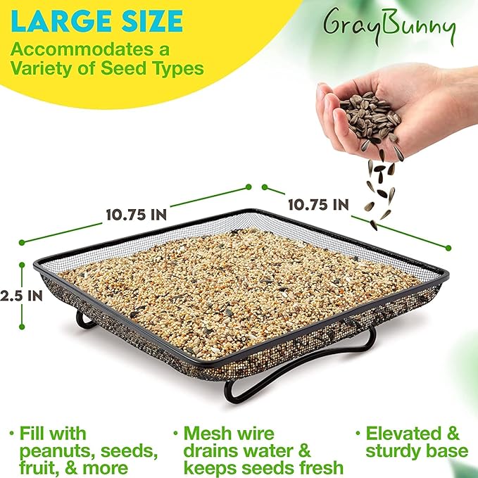 Gray Bunny Ground Bird Feeder Tray - Metal Platform Mesh Seed Tray for Standing Bird Feeders - Great Attracting Garden Yard Decoration for Wild Birds Squirrels Dove Cardinal Blue Jay Crows (11x11in)