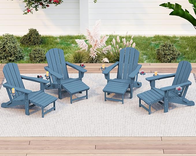 KINGYES Folding Adjustable Adirondack Chair with Ottoman & 2 Cup Holders Set of 4, HDPE Recliner Adirondack Chair with Footrest, Blue
