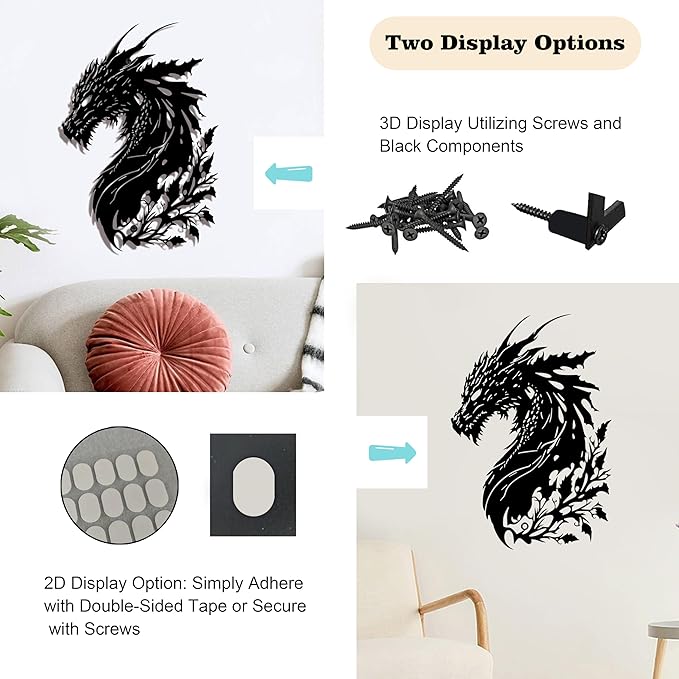 LIYAOLI 3D Dragon Wall Art Decor - Black Metal Dragon Head Sculpture for Men Cave, Western Room Decor - Unique Fantasy Gifts for Medieval Decorations, Bedroom & Living Room