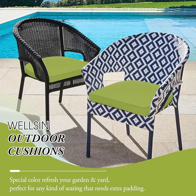Wellsin Outdoor Chair Cushions for Patio Furniture - Patio Chair Cushions Set of 2 - Water Resistant Round Corner Outdoor Seat Cushions 17"X16"X2", Grass Green