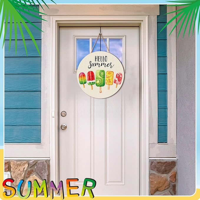 Chunful Hello Summer Door Decor Ice Cream Wreath Front Door Hanger Ice Lolly Farmhouse Summer Wooden Hanging Welcome Beach Wall Wreath Sign for Home Seasonal Holiday Porch Office Garden Office