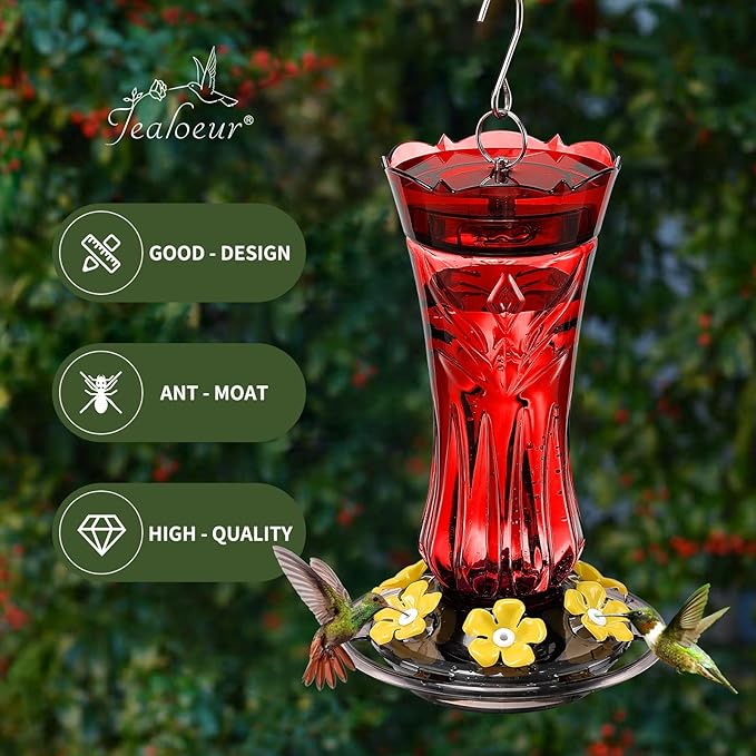 Hummingbird Feeder for Outdoors Hanging, 18 OZ Humming Birds Feeders with 6 Bee Guard Feeding Ports & Built-in Ant Moat, Easy to Clean, Durable Outdoor Garden Decor (Red 2 Pack)