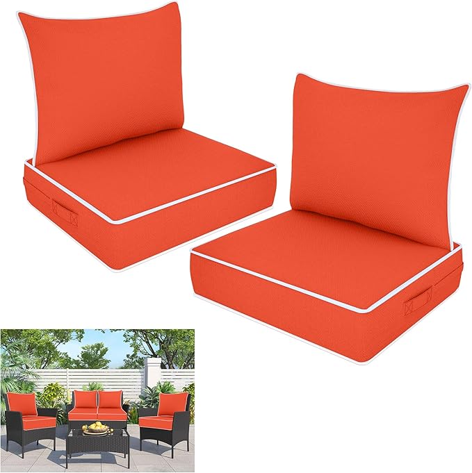 Outdoor Deep Seat Cushion Set, Fade Resistant Patio Chair Cushions, 24x24x6 Inch Patio Sofa Furniture Pad with Removable Cushion Covers (Orange + White Side, 24''Lx24''Wx6''H-2pcs Set)