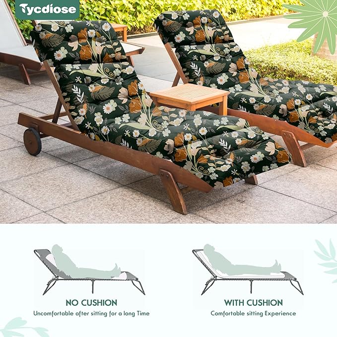 Outdoor Chaise Lounge Chair Cushion Set of 4, Waterproof 74.4 x 22 x 4.7 Inches Memory Foam Thickened Lounge Chair Cushions Replacement for Outdoor Furniture with Ties, Green Floral