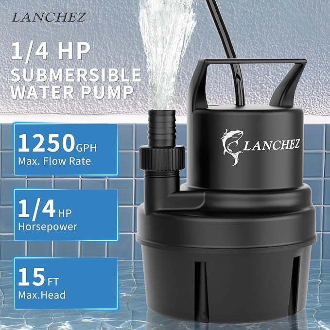 Lanchez Sump Pump, 1250 GPH Submersible Water Pump, 1/4 HP Portable Thermoplastic Low Suction Utility Pump With 25 Ft Cord for Swimming Pool, Basement, Garden Pond, Tubs Draining, Manual