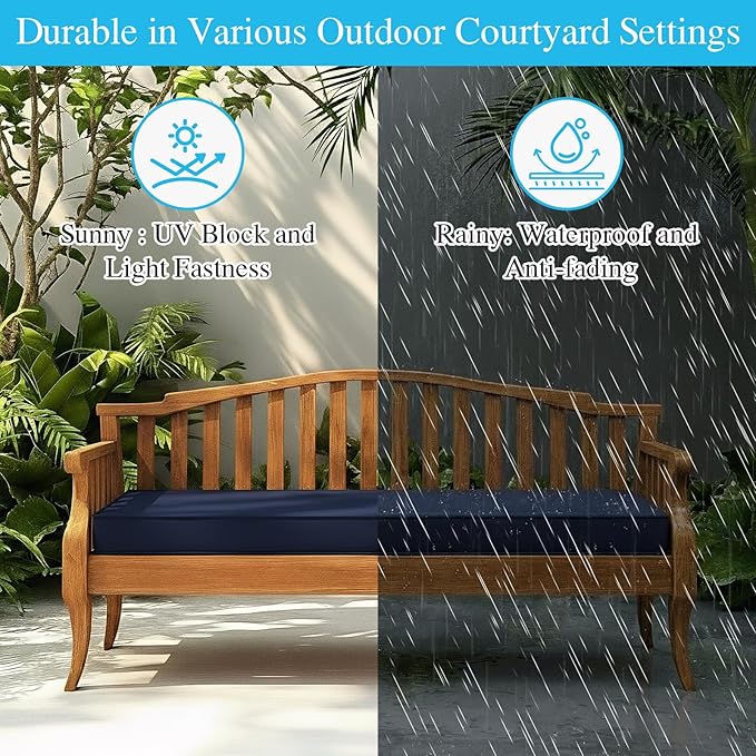 Amagenix Custom Bench Cushion for Outdoor/Indoor Furniture, Bay Window Seat/Porch/Swing Cushion, Waterproof & Fade-Resistant, Optional Non-Slip Bottom, Ties, Handle, Dual-Sided Stripes Direction