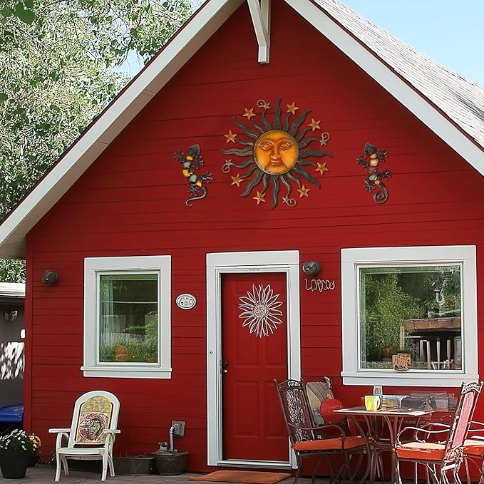 LIFFY 24" Sun Face Metal Wall Art for Outdoor Decor - Solar Themed Hanging Sculpture, Weather-Resistant Garden Patio Wall Décor, Farmhouse Home Accent Gift (Antique Bronze Finish)