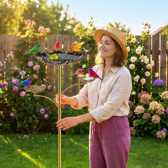 Triple Bowl Bird Bath for Outside, 3-in-1 Bird Bath & Feeder with 4-Claw Ground Stake, 51in Height, 11.8in Large Top Bowl, Outdoor Birdbath for Garden Patio Yard Decor, Antique Bronze