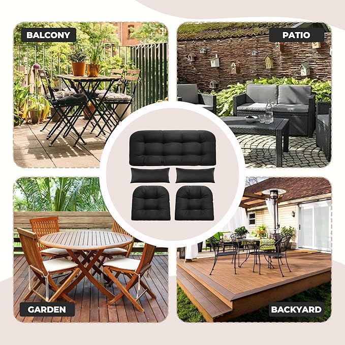 Wicker Chair Cushions of 5 Pieces, Waterproof Outdoor Loveseat Cushion for Wicker Furniture, 1 Love Seat Cushion, 2 U-Shape and 2 Lumbar Pillows for Patio Furniture (Black)