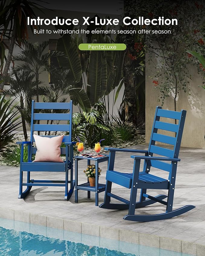 GREENVINES Outdoor-Rocking-Chairs-Set-of-2 | HDPE Plastic | Patio Rockers | Porch Rocker Chair | Shaker | Oversized | High Ladder Back | Big & Tall | PentaLuxe | Blue