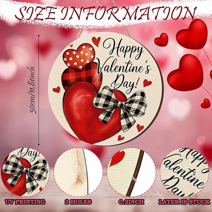 3 Pcs Valentines Day Decorations Door Sign Love Heart Welcome Wooden Hanging Sign Happy Valentine's Day Wood Wreath with Rope for Front Door Outdoor Farmhouse Porch Party Decor