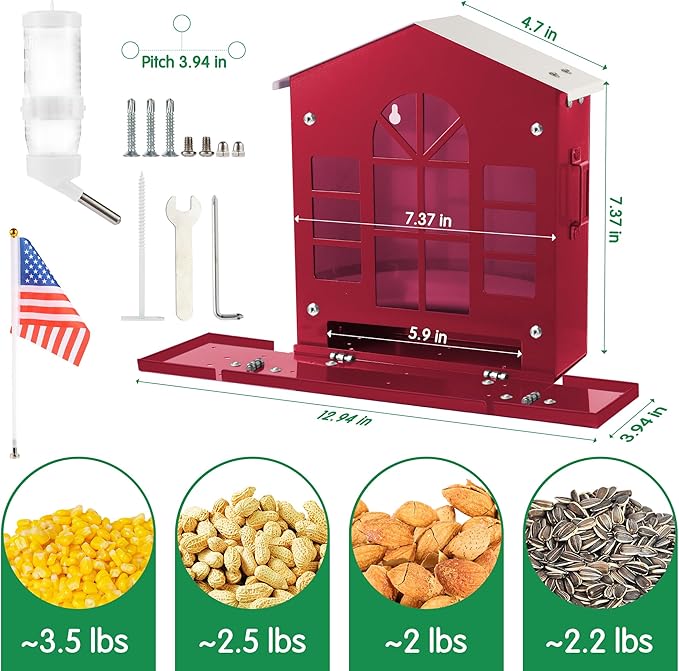 Metal Squirrel Feeder for Outside, Hanging Squirrel House for Outdoors with Water Bottle, Flag and Corn Cobs Holder, Peanut Feeder for Chipmun，Red