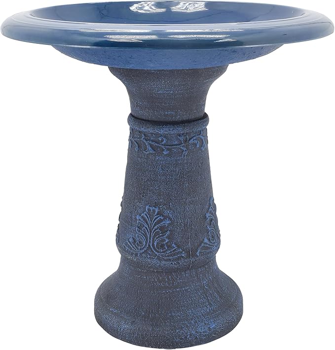 Arcadia Garden Products Fiberclay Bird Bath Outdoor Garden Decor, Antique Vintage Weather Resistant Water Bowl for Backyard and Patio and, 20-inch Tall, Blue