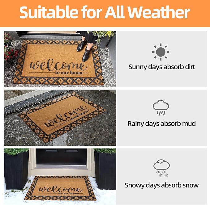 Welcome Mat Front Door Mat Indoor Outside Entrance, Heavy Duty Dirt Trapper Coir Doormat with Non Slip Backing Entryway Rug for Front Back Door, 17x30, Brown