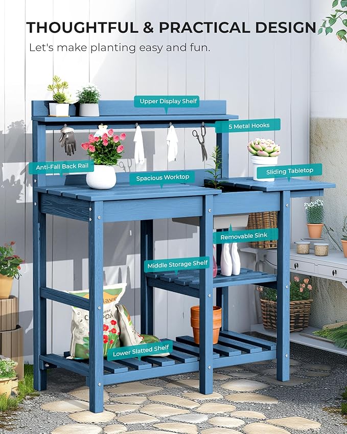 SERWALL Outdoor Potting Bench 2-Piece Set, Rot-Resistant HDPE Potting Table with Removable Sink for Outside Gardening, All-Weather Use - Blue