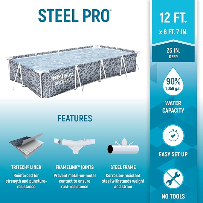 Bestway Steel Pro 12' x 6' 7" x 26" Rectangle Above Ground Outdoor Swimming Pool Set with DuraPlus Liner and FrameLink System, Gray