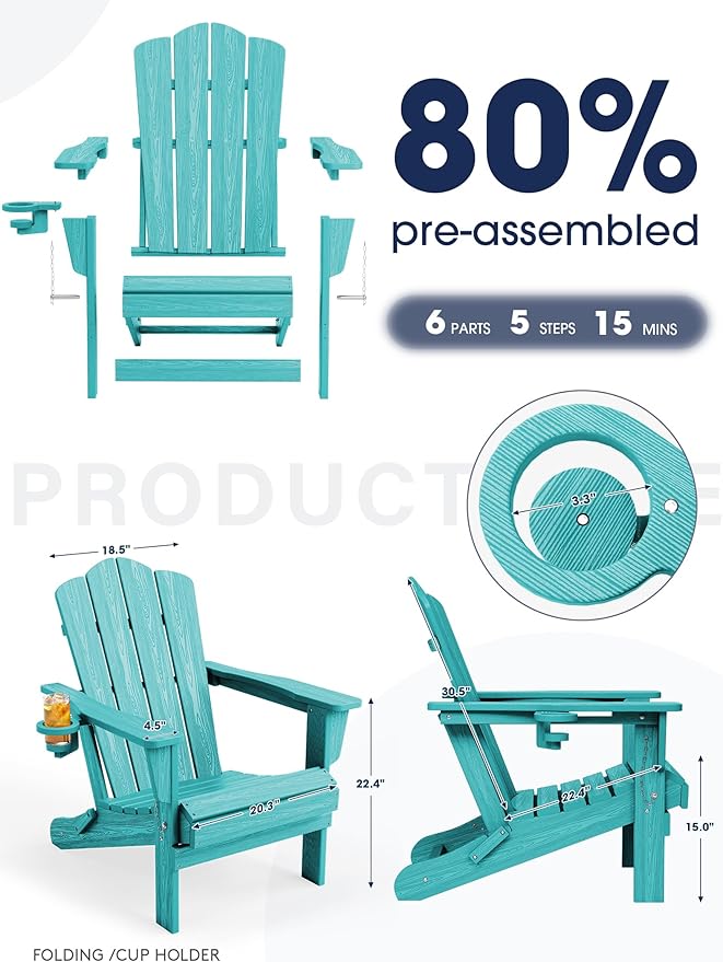 KINGYES Folding Adirondack Chair Set of 4, HDPE All-Weather Patio Chairs with Cup Holder, Wooden Textured Fire Pit Chairs for Poolside, Backyard, Deck, Aruba