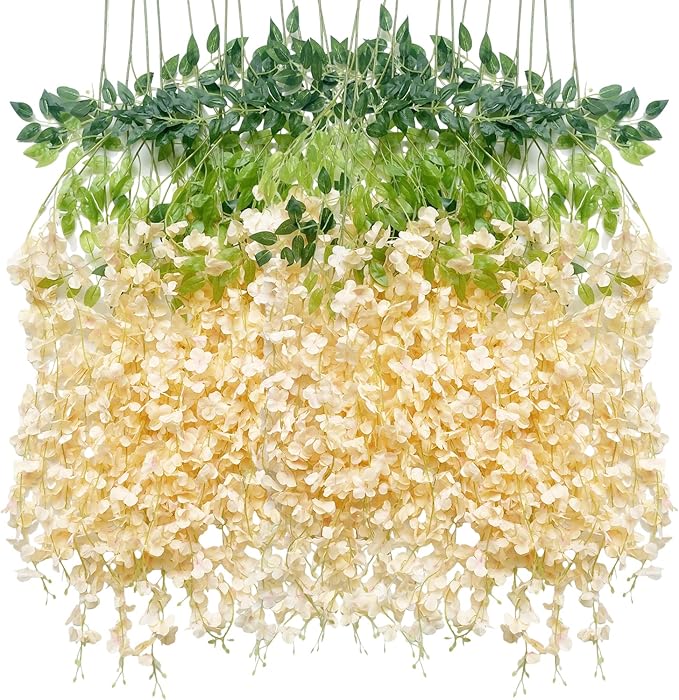 Artificial Flowers Hanging Flowers, Fake Wisteria Flower Garland Silk Vines Rattan String Decor for Home Wedding Arch Wall Garden Greenery Bedroom Outdoor Office Party Decoration (36, Champagne)