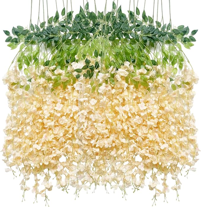 Artificial Wisteria Hanging Flowers Fake Wisteria Flower Garland Silk Vines Rattan Decor for Home Wedding Arch Wall Garden Greenery Bedroom Outdoor Office Party Decoration (24, Champagne)