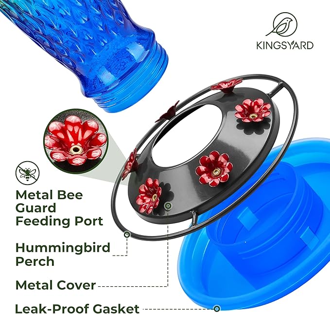 Kingsyard Hummingbird Feeders for Outdoors Hanging, 24 Ounce, Glass Hummingbird Feeder with Ant Moat & 6 Bee Guard Feeding Ports, Leak-Proof, Green & Blue