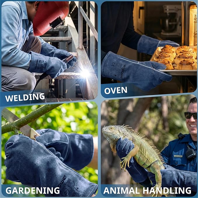Welding Gloves Fire Heat Resistant Fireproof Leather for Welding Fire Pit Wood Stove Campfire Furnace BBQ Baking,Grill Oven Stick Mig Tig Gear L