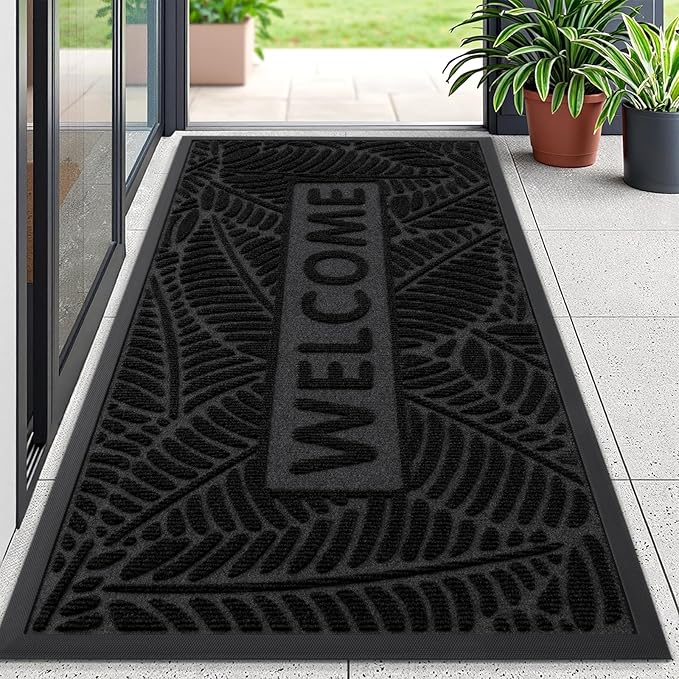 Smiry Welcome Mat Indoor Outdoor, All-Season Waterproof Front Door Mat, Sturdy Natural Rubber Doormat, Non-Slip, Easy Clean, Low Profile Dirt Trapper for Porch Patio Entrance, 59x34, Black