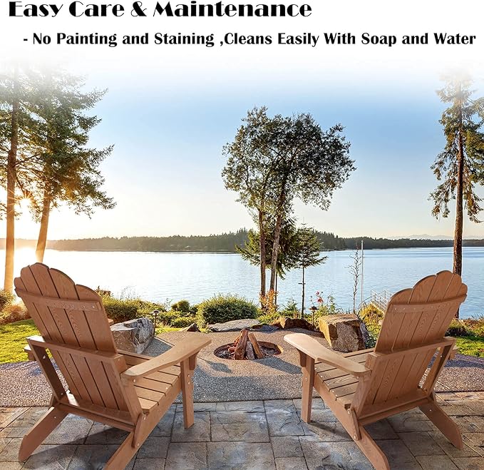 hOmeHua Folding Adirondack Chair Weather Resistant, Hard Plastic Imitation Wood Stripes Adirondack Chair, Easy to Fold Move & Maintain, Outdoor Chair for Patio, Backyard Deck, Fire Pit - Wood Color
