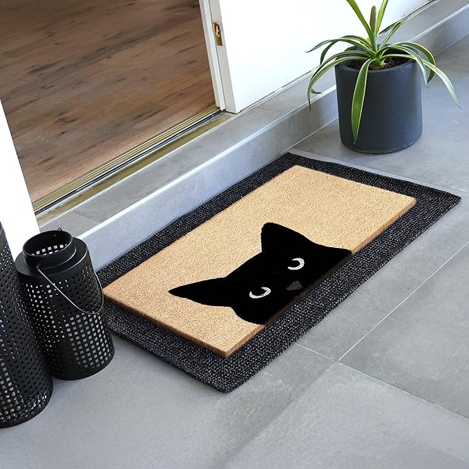 THEODORE MAGNUS Door Mat - Cat Welcome Mat for Front Door with Non-Slip Backing - Durable Doormat - Perfect for Outside Entrance Matt - Outdoor/Indoor - Curious Cat - 17" x 30"