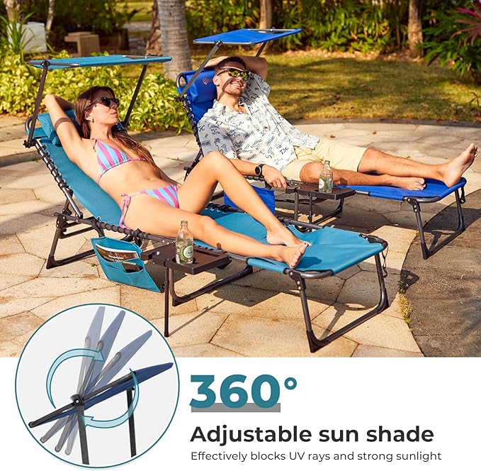 FUNDANGO 4 in 1 Tanning Chair with Face Hole, Beach Lounge Chair w/Canopy Shade & Side Table Chaise Lounge Chairs for Patio, Pool, Lawn, Sunbathing, 5-Position Adjustable Sun Lounger, Set of 2 Blue