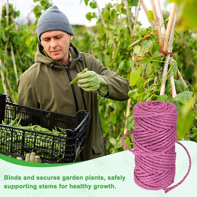1-Pack Natural Jute Twine String, 4.5mm x 164ft/50m Long Garden Twine String for Crafts/Gift Wrapping/Gardening Plants, Durable Plant Ties Thick Rope [Rose Red]