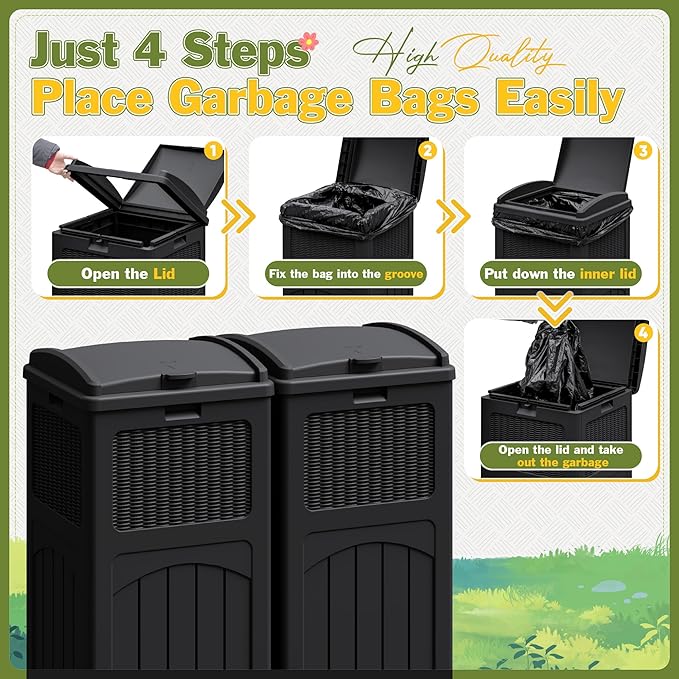 Greesum 33 Gallon Outdoor Trash Can with Lid, Waterproof Resin Garbage Bin for Hideaway, Deck, Patio, 2 Pack, Black