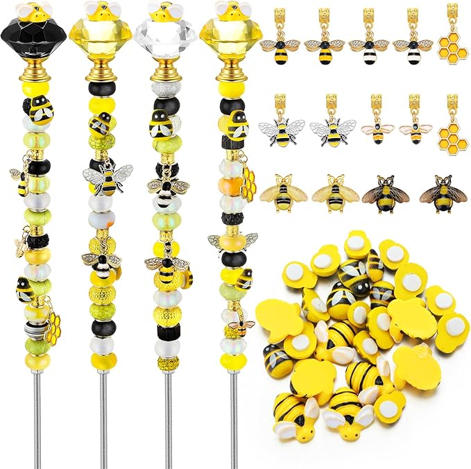 118 Pcs Bee Garden Stakes Fairy Wand DIY Beaded Stakes Garden Decor Includes 4 Crystal Stopper Top 10 Bee Pendant 68 Large Hole Beads 4 Threaded Rods 4 Pcs Nuts, for Craft Supply