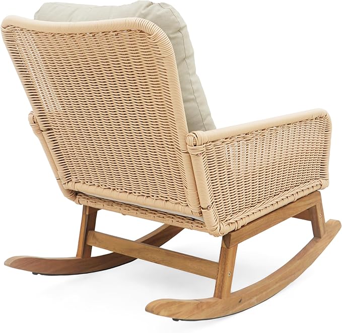 Christopher Knight Home Nadine Patio Rocking Chairs Set of 2, Wicker Rocker, Wood Rocking Chair, PE Rattan Wick Chair, Rocking Chair with Cushions, Comfort Wicker Rocker for Backyard Balcony, Beige