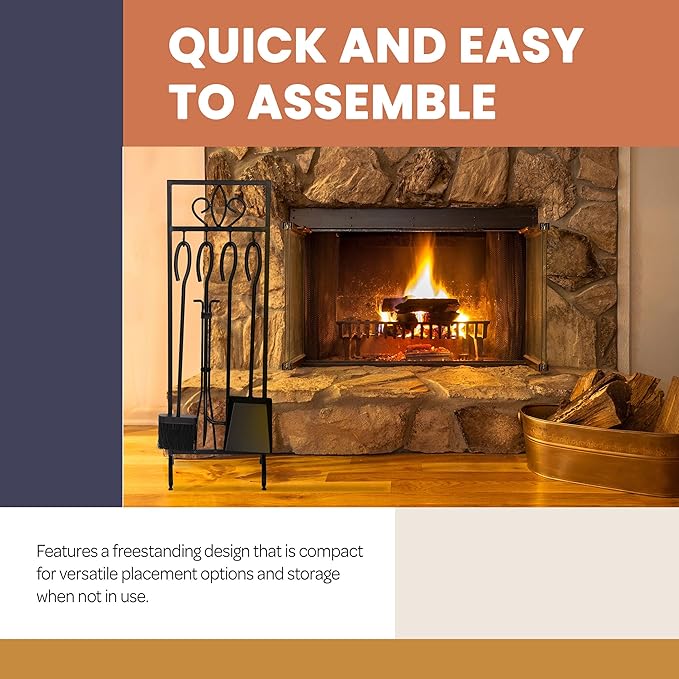 Lavish Home 5-Piece Fireplace Tools Set - Fire Tools for Fire Places, Fire Pits, and Woodstoves - Indoor/Outdoor Fireplace Accessories with Poker, Tongs, Brush, Shovel, and Stand (Black)