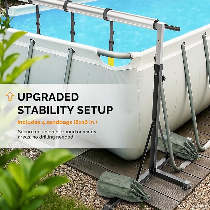 VINGLI 16 FT Pool Cover Reel for Aboveground Swimming Pools, Waterproof Aluminum Pool Solar Cover Reel with Adjustable Width & Height & Extra 4 Sandbags (2025 Version)