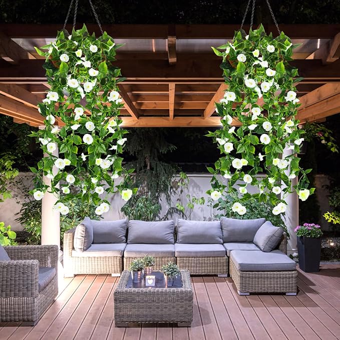 AirSun Artificial Morning Glory Flower Vines, 2pcs 15Feet Hanging Plants Silk Garland Fake Green Plant Home Garden Wall Fence Indoor Outdoor Wedding Birthday Decor